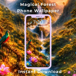 Enchanted Forest Phone Wallpaper | iPhone & Android Magical Nature Lock Screen | Sunset Mountain Waterfall | Ultra High-Res Digital Download