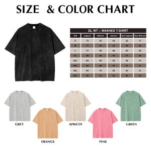 May include: A black washed t-shirt with a crew neck is displayed next to a size and colour chart. The chart lists measurements in centimetres for various sizes, from S to 5XL. Additional t-shirts in grey, orange, apricot, pink, and green are shown.