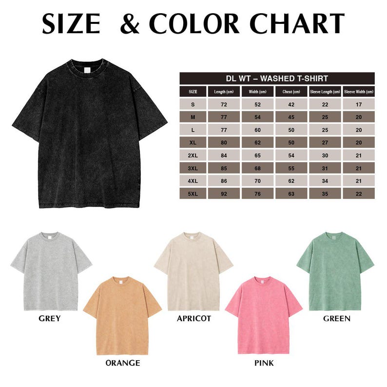 May include: A black washed t-shirt with a crew neck is displayed next to a size and colour chart. The chart lists measurements in centimetres for various sizes, from S to 5XL. Additional t-shirts in grey, orange, apricot, pink, and green are shown.