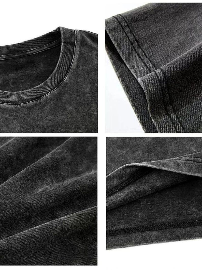 May include: Close-up shots of a dark grey, acid-wash style t-shirt. The images highlight the texture and stitching details of the garment, including the neckline, seams, and fabric folds. The shirt appears to be made of a soft, comfortable material.