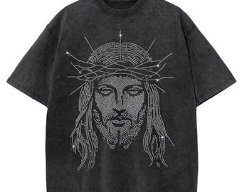 Jesus Rhinestone Shirt, Christian Vintage Tee, Faith Based Oversized Shirt, Luxury Christian Streetwear, Washed Black Graphic Tee