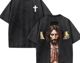 Jesus Cross Shirt, Christian Vintage Tee, Faith Based Oversized Shirt, Washed Black Religious Tee, Christian Streetwear