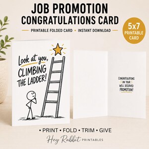 May include: A white folded greeting card featuring a black stick figure illustration, a ladder, and a yellow star. The text reads: Look at you, CLIMBING THE LADDER! The inside of the card displays the text: CONGRATULATIONS ON YOUR WELL DESERVED PROMOTION!
