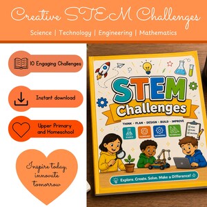 May include: A yellow book titled STEM Challenges featuring illustrations of children engaged in science, technology, engineering, and math activities. The cover includes icons of a rocket, lightbulb, and beaker, with the text Explore. Create. Solve. Make a Difference!