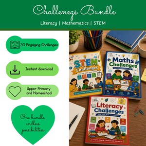 Puede incluir: Un paquete de tres libros educativos titulados STEM Challenges, Maths Challenges y Literacy Challenges, con ilustraciones coloridas de niños realizando actividades de aprendizaje, junto con iconos informativos y texto en verde.