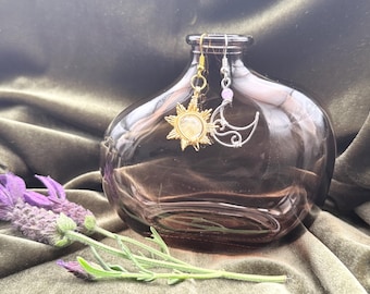 Celestial Sun Moon Earrings | Wire Wrapped Gold Crystal Jewelry