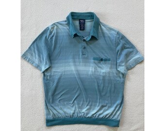 Polo vintage John Blair para hombre, talla grande, con banda, azul verdoso y rayas, bolsillo en el pecho.