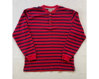 Camisa Henley vintage de los 90 de L.L. Bean para hombre, talla M, con rayas rojas y azul marino, de punto gofrado.