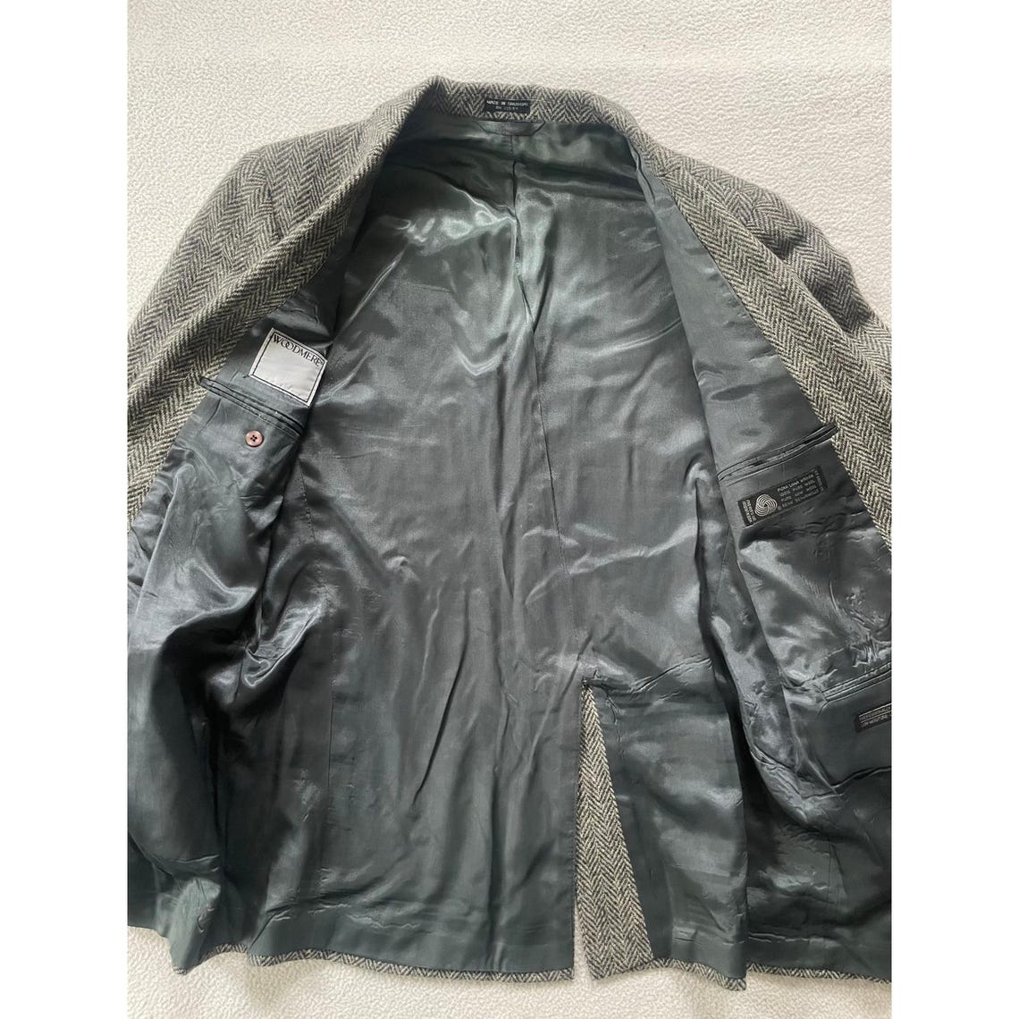 80s Vintage Woodmere Mens Large Blazer Grey Herringbone Pure Wool Sport Coat, photo 3 sur 5