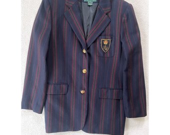 Vtg 80s Lauren Ralph Lauren Women 12 Blazer Navy Striped Crest Worsted Wool USA