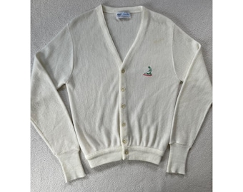 Cardigã masculino Pickering tamanho pequeno, creme, bordado Pinehurst Golf, estilo vintage, EUA