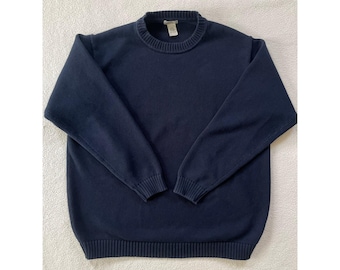 Suéter vintage de los 80 de LL Bean para hombre, talla XXL, azul marino, 100 % algodón, cuello redondo.