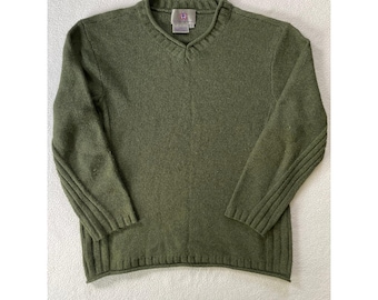 Vintage The Territory Ahead Mens Large V Neck Sweater Green Lambswool Roll Neck