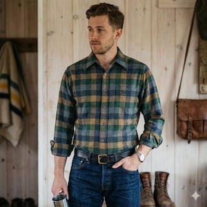Può includere: Una camicia di flanella a quadri verdi, blu e oro con colletto button-down e taschino sul petto. La camicia è abbinata a jeans blu e una cintura nera con fibbia dorata. La persona indossa un orologio e tiene in mano una tazza di metallo.