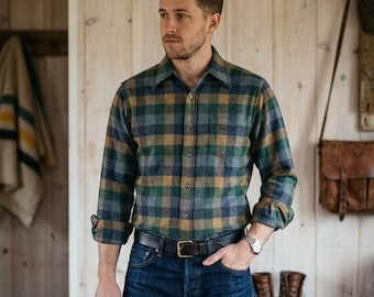 Camisa de lana vintage Pendleton para hombre, talla grande, a cuadros verdes, azules y dorados, fabricada en EE. UU.
