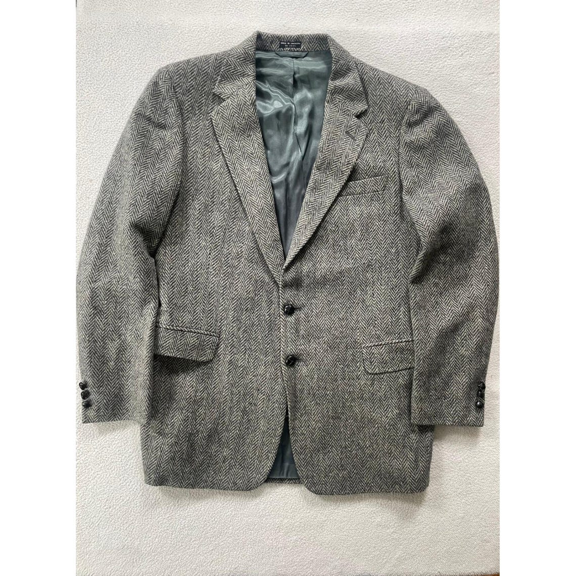 80s Vintage Woodmere Mens Large Blazer Grey Herringbone Pure Wool Sport Coat, photo 1 sur 5