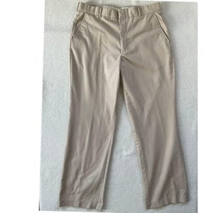 May include: A pair of khaki-colored pants. The pants have a classic design with a button and zipper closure, belt loops, and front and back pockets. The fabric appears to be a lightweight material, suitable for warmer weather.