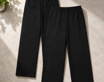 オーバーサイズストレートレッグスウェットパンツ、ミニマルなワイドレッグユニセックスラウンジパンツ、リラックスストリートウェアボトムス、伸縮性ウエスト、おしゃれなスウェットパンツ