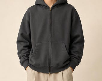 Unisex Boxy Zip Hoodie, Heavyweight Cotton Poly Fleece Streetwear Jacket