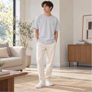以下が含まれることがあります： ライトグレーの半袖クルーネックTシャツに、オフホワイトのパンツと白いスニーカーを合わせたコーディネート。Tシャツはシンプルなクルーネックと半袖のデザインで、パンツはストレートなシルエットの仕立てとなっています。