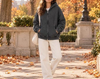 Washed Zip Up Hoodie, Unisex Heavyweight Streetwear Jacket, Cotton Blend Casual Wear