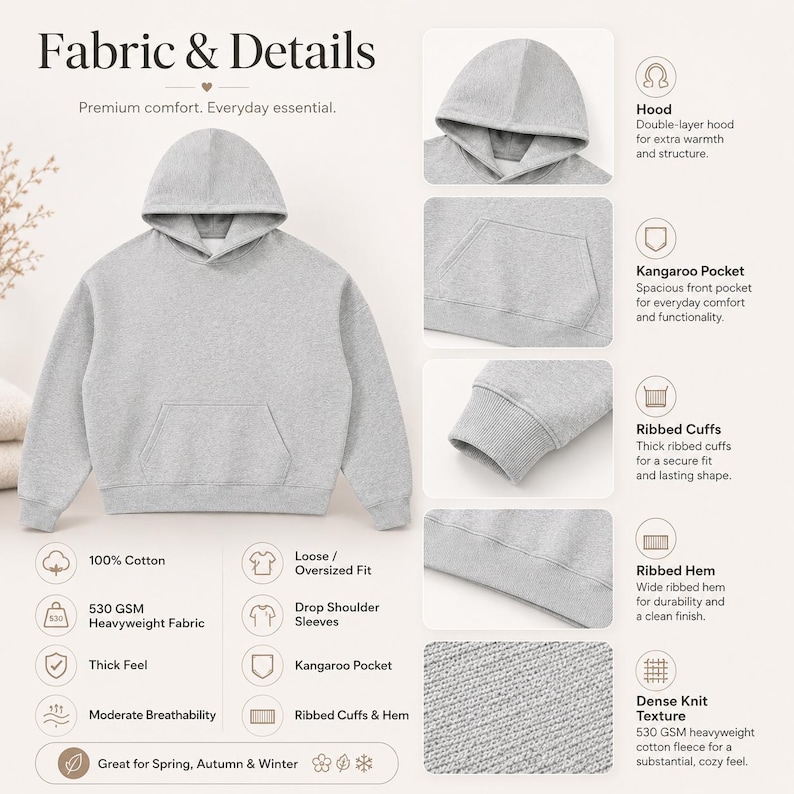 Unisex Heavyweight Cotton Hoodie, 530 GSM Oversized Pullover, Drop Shoulder Streetwear Sweatshirt, Thick Minimal Hoodie image 4