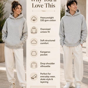 Unisex Heavyweight Cotton Hoodie, 530 GSM Oversized Pullover, Drop Shoulder Streetwear Sweatshirt, Thick Minimal Hoodie image 3