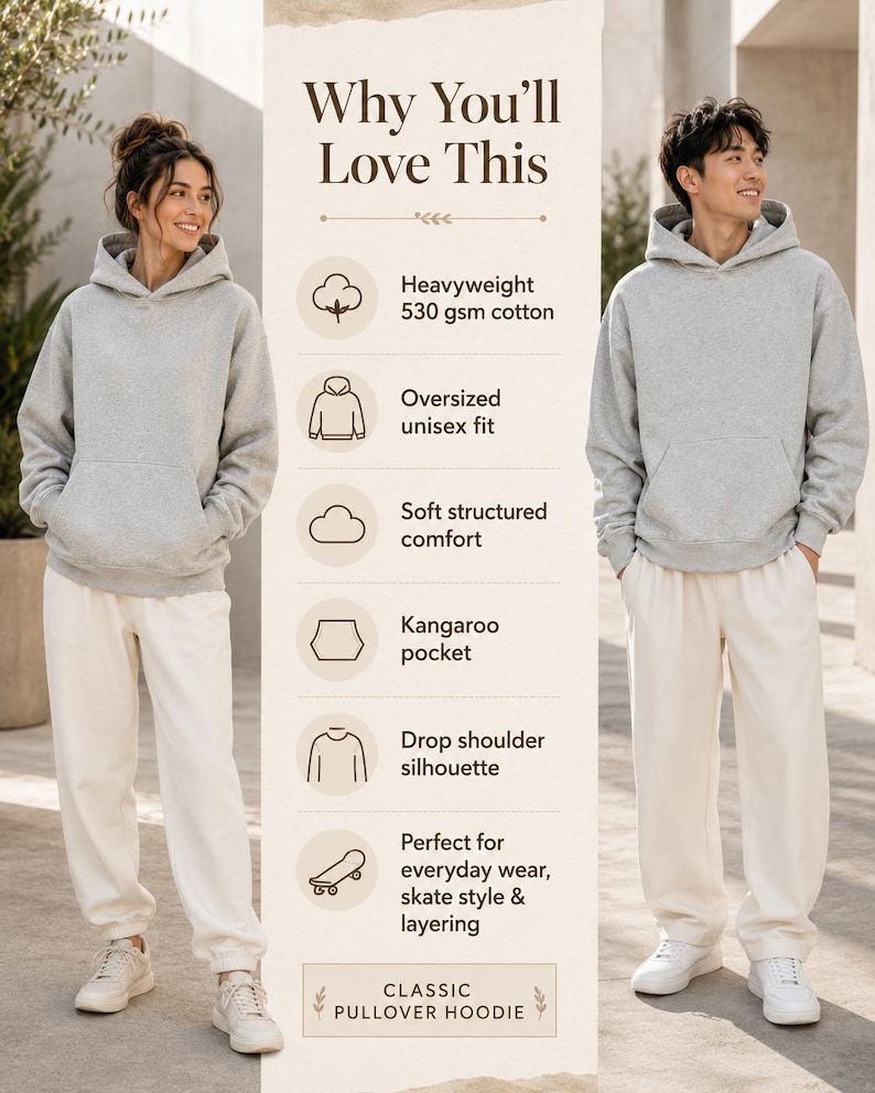 Unisex Heavyweight Cotton Hoodie, 530 GSM Oversized Pullover, Drop Shoulder Streetwear Sweatshirt, Thick Minimal Hoodie image 3
