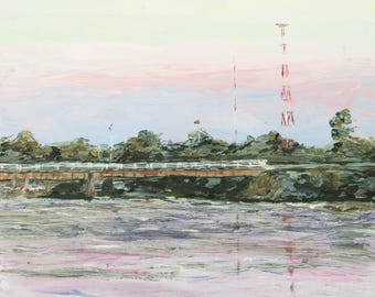 Schilderij van een rivierbrug bij zonsondergang / Printbare muurdecoratie / Impressionistisch landschap, digitale download / Pastelkleurige lucht, printbaar / Argentinië / Corrientes.