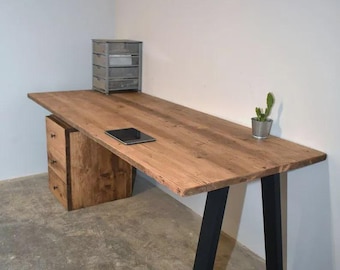 Reclaimed Wood Office Desk With Black Trapezium Legs,Costmisable