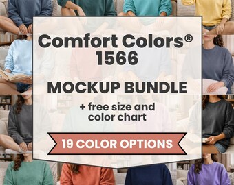 Paquete de maquetas Comfort Colors 1566, maquetas de sudaderas, maquetas de sudaderas con cuello redondo, maquetas de sudaderas extragrandes, tabla de tallas y colores.