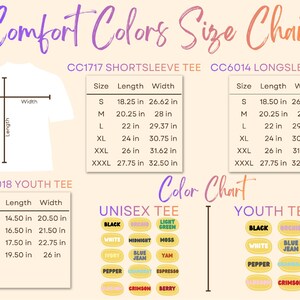 May include: A size chart for Comfort Colors t-shirts, including short sleeve, long sleeve, and youth tees. The chart displays measurements in inches for length and width, along with a color chart featuring various hues like black, white, and blue jean.