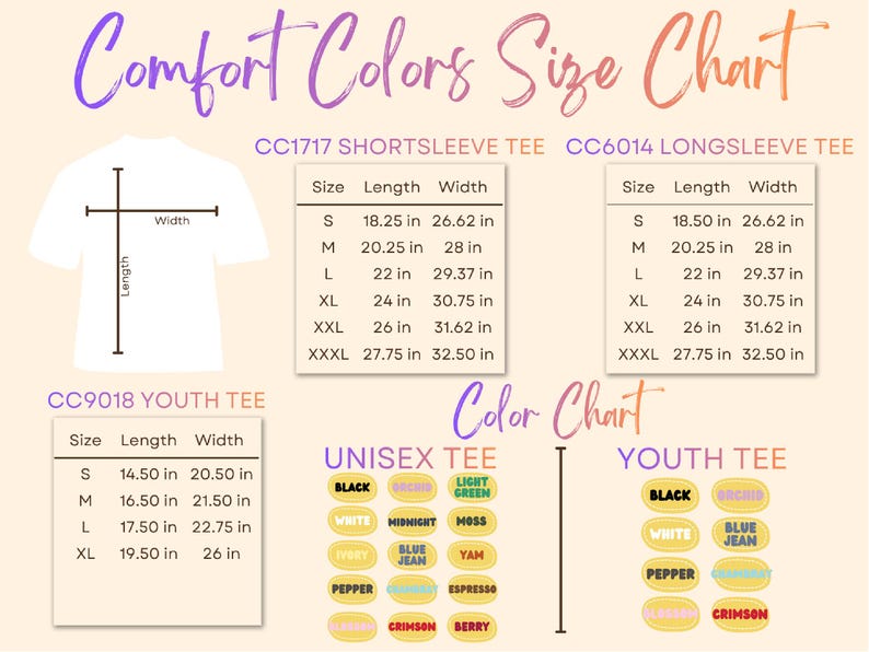 May include: A size chart for Comfort Colors t-shirts, including short sleeve, long sleeve, and youth tees. The chart displays measurements in inches for length and width, along with a color chart featuring various hues like black, white, and blue jean.