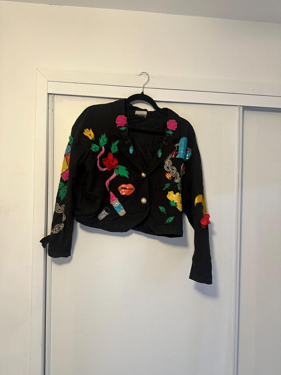 Vintage 80s Ultra Pink Sequin Eiffel Tower Cropped Jacket (Size M)