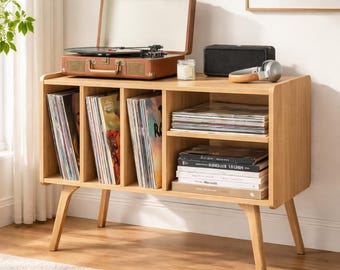 Mid Century Record Player Stand with Vinyl Storage Cabinet, Wooden Turntable Stand, Retro Album Organizer Shelf for Living Room