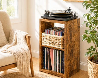 Record Player Stand with Vinyl Storage, Rustic Wood Turntable Stand, 2 Tier Vinyl Holder, Album Storage Cabinet, Small Media Shelf
