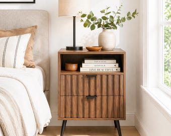 Mid Century Modern Nightstand with Drawer, Wood Bedside Table, Small End Table, Slatted Cabinet Nightstand for Bedroom