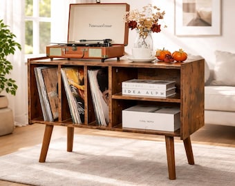 Mid Century Record Player Stand, Vinyl Storage Cabinet, Wooden Turntable Stand, Retro Media Console, LP Storage Shelf