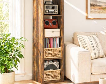 Tall Record Player Stand with Vinyl Storage, 4 Cube Vinyl Organizer Shelf, Rustic Wood LP Storage Cabinet, Turntable Stand Tower