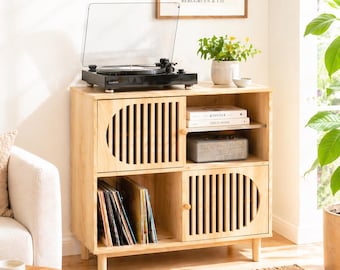 Mid Century Record Player Stand with Charging Station, Vinyl Storage Cabinet, Wood Media Console, Turntable Stand with USB Ports