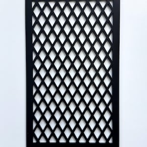 May include: A square, black decorative lattice panel with a diamond pattern. The panel is made of a solid material and is set against a white background. The lattice design creates a repeating geometric pattern.