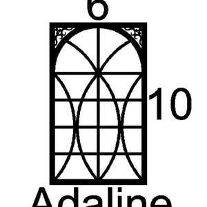 Puede incluir: Gráfico en blanco y negro de un diseño de ventana con los números 6 y 10. La palabra "Adaline" está escrita en la parte inferior del diseño de la ventana.