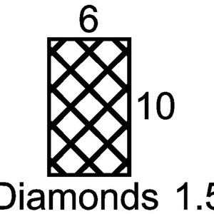 Op de afbeelding: Een zwart-wit afbeelding met het woord "Diamonds" en het getal "1.5" onderaan. Boven de tekst staat een rechthoekige vorm met een ruitpatroon. De getallen "6" en "10" staan boven en rechts van de vorm.