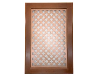 May include: A rectangular wooden frame with a copper-colored, geometric lattice design. The lattice features a repeating pattern of interlocking circles, set against a white background. The frame is a warm brown color.