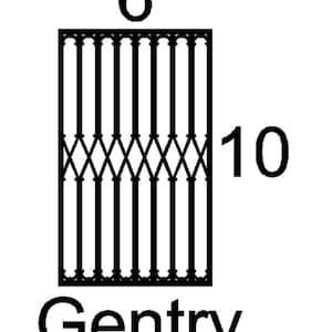 May include: A black graphic illustration of a rectangular gate with vertical bars and a central diamond-patterned lattice section. The number 6 is positioned above the gate, the number 10 is to the right, and the word Gentry is printed below.