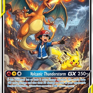 May include: A Team Ash GX trading card featuring a Charizard breathing fire, a Pikachu surrounded by yellow electricity, and a trainer in a blue vest and red cap. The card displays 300 HP, the Volcanic Thunderstorm GX attack, and a rocky landscape.