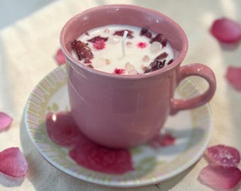 Vela de amor propio / Vela de cristal de cuarzo rosa / Vela de soja floral rosa / Sanación del corazón / Regalo de autocuidado / Vela romántica vintage en taza de té