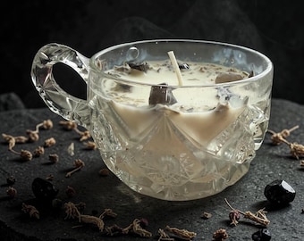 Protection Ritual Candle | Energy Cleansing, Grounding, Negative Energy Removal, Crystal Infused, Vintage Teacup