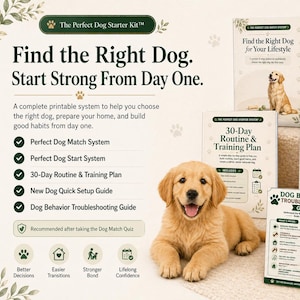 May include: A golden retriever puppy lies in front of several books and guides. The books are titled "Find the Right Dog," "Perfect Dog Start System," "30-Day Routine & Training Plan," and "New Dog Quick Setup Guide." The text reads "The Perfect Dog Starter Kit."