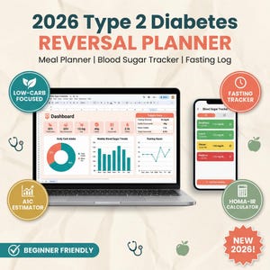 2026 Diabetes Reversal Planner | Low Carb, Fasting & Blood Sugar Tracker | Excel Google Sheets